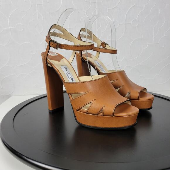 Jimmy Choo Hermione Platform Women Sandals Size 41 US11 Tan Leather Open Toe NEW - Picture 3 of 14